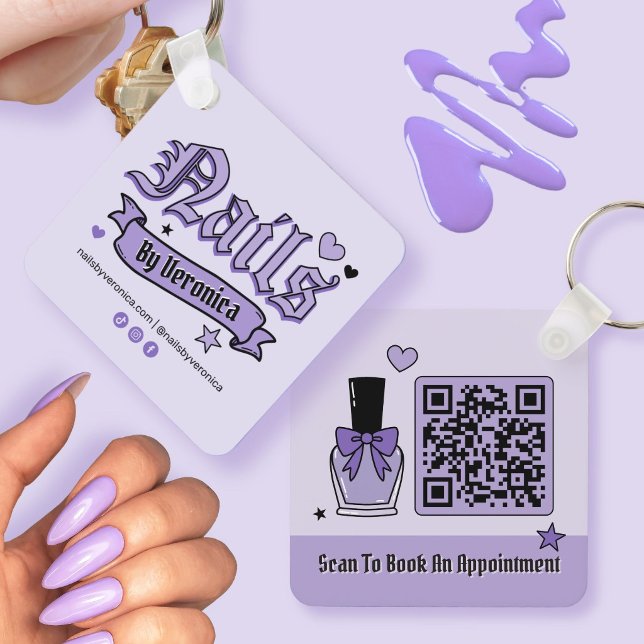 Purple Gothic Lettering Qr Code Nail Tech  Keychain (Purple Gothic Lettering Qr Code Nail Tech Keychain)