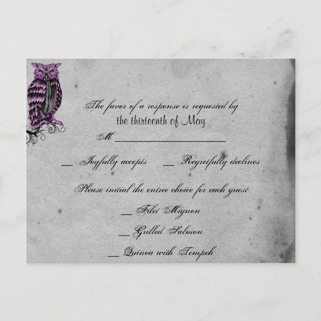 Purple Gothic Owl Posh RSVP Postcard (Front)