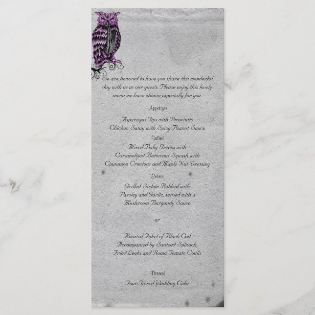 Purple Gothic Owl Posh Wedding Menu (Front)