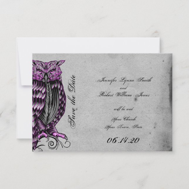 Purple Gothic Owl Posh Wedding Save the Date (Front)