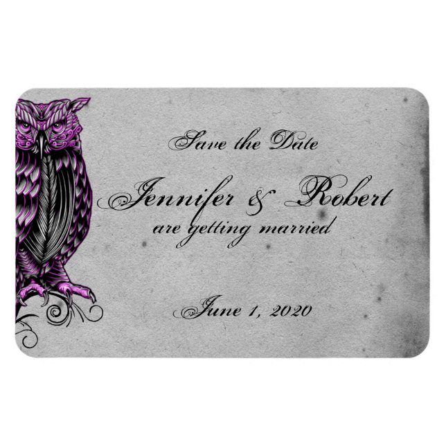 Purple Gothic Owl Posh Wedding Save the Date Magnet (Horizontal)