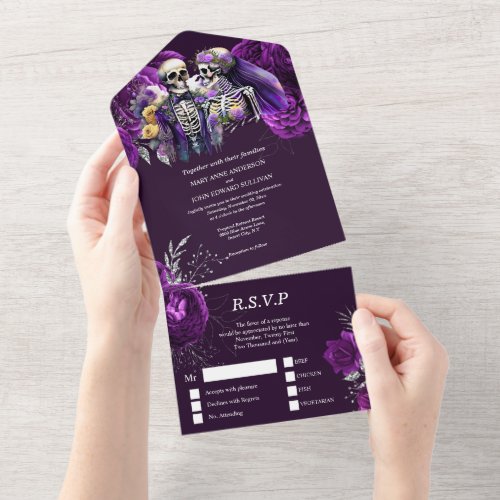 Purple gothic skeleton floral skull death part all in one invitation
