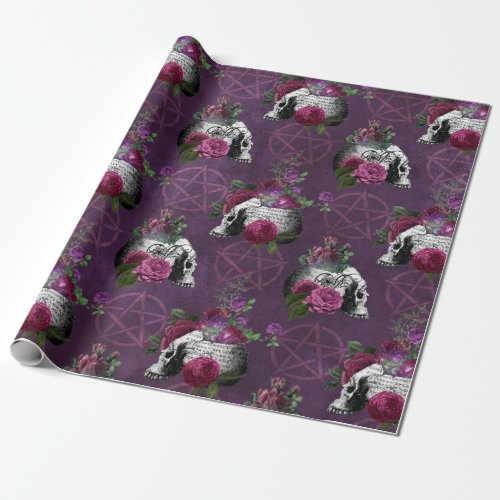 Purple Gothic Skull and Roses Wrapping Paper