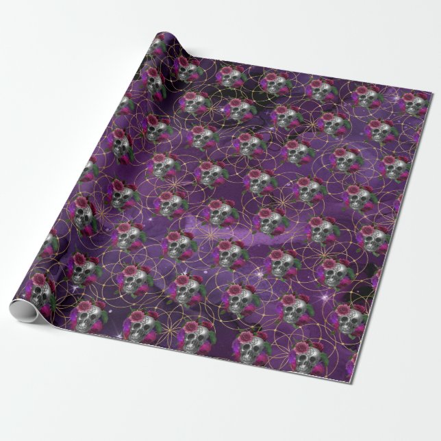Purple Gothic Skull and Roses Wrapping Paper (Unrolled)