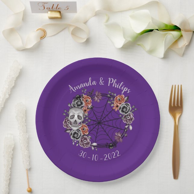 Purple Gothic Skull Roses Wreath Halloween Wedding Paper Plates (Wedding)