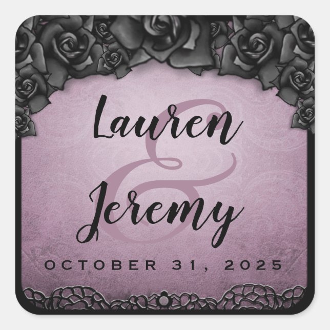 Purple Gothic Square Wedding Sticker (Front)