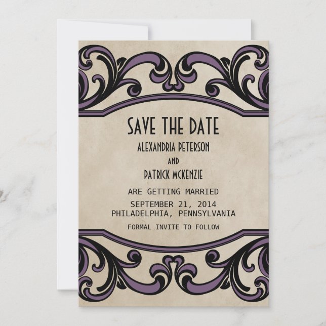 Purple Gothic Swirls Save the Date Invite (Front)