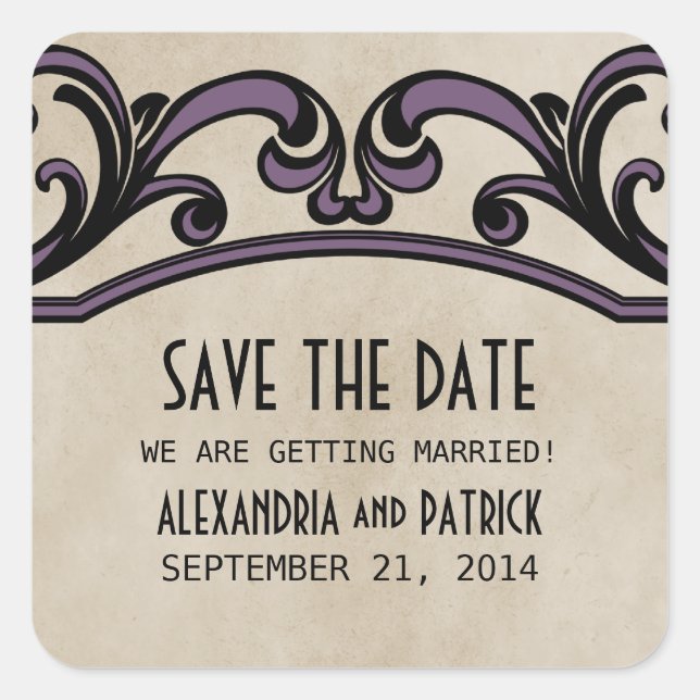 Purple Gothic Swirls Save the Date Stickers (Front)