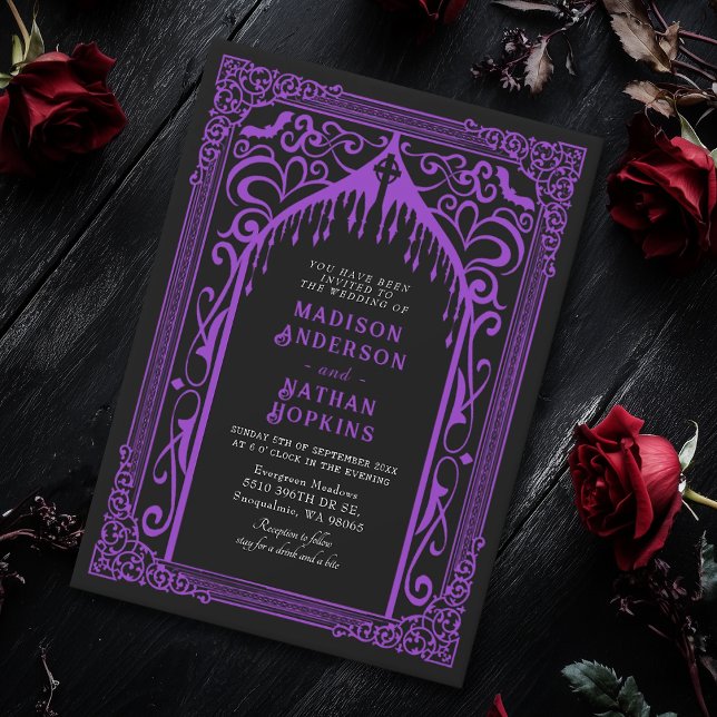 Purple Gothic Vampire Cathedral Wedding Invitation (Creator Uploaded)