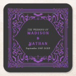 Purple Gothic Vampire Cathedral Wedding  Square Paper Coaster<br><div class="desc">Invite your wedding guests with this elegant and gothic design. Perfect for a Gothic or Halloween-themed wedding. You can customize this further by clicking on the "PERSONALIZE" button. Matching Items in our shop for a complete party theme.</div>