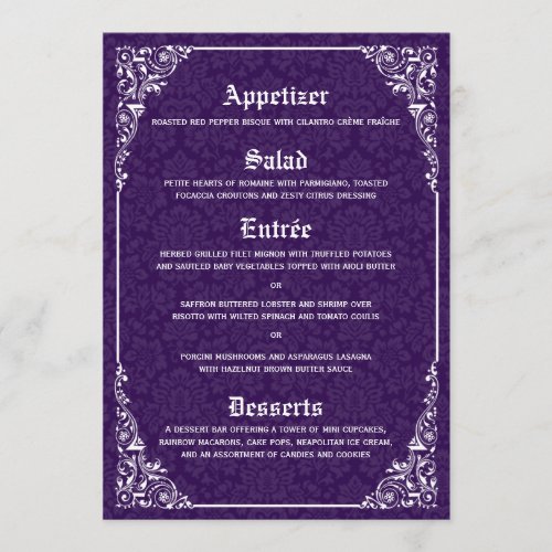 Purple Gothic Victorian Damask Wedding Menu