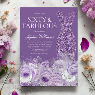 Purple Gown Floral Sixty & Fabulous 60th Birthday Invitation