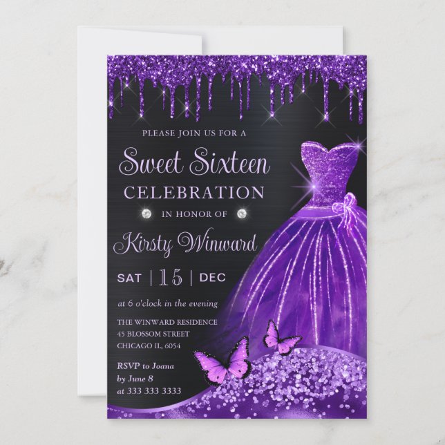 Purple Gown, Glitter & Butterfly Sweet 16 Invitation (Front)