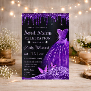 Purple Gown, Glitter & Butterfly Sweet 16 Invitation