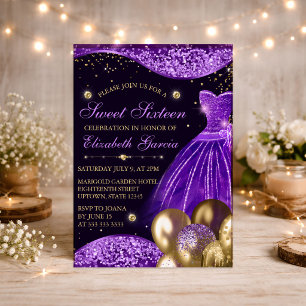 Purple Gown, Glitter & Gold Balloons Sweet 16 Invitation