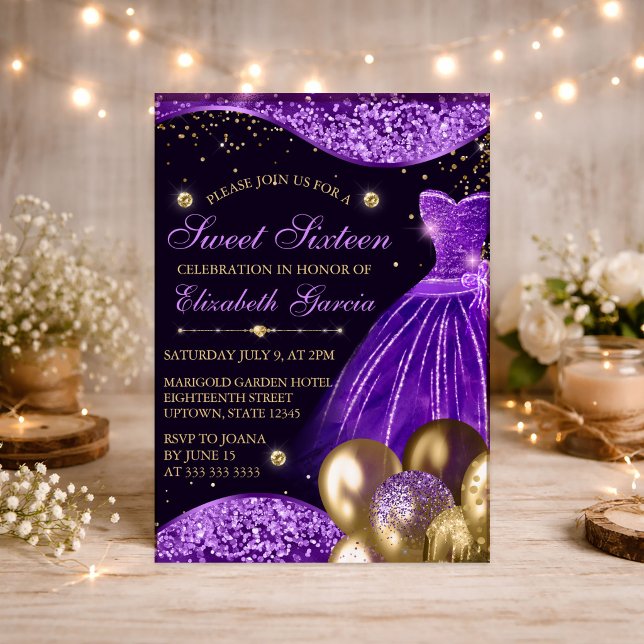 Purple Gown, Glitter & Gold Balloons Sweet 16 Invitation (Creator Uploaded)