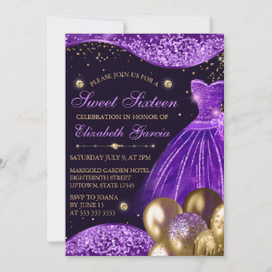 Purple Gown, Glitter & Gold Balloons Sweet 16 Invitation