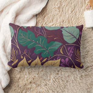 Purple Graceful Modern Leaf Print Lumbar Pillow