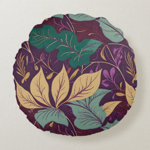 Purple Graceful Modern Leaf Print Round Pillow