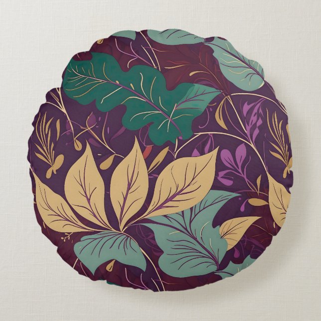 Purple Graceful Modern Leaf Print Round Pillow (Front)
