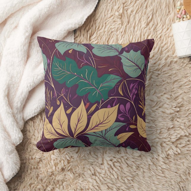 Purple Graceful Modern Leaf Print Throw Pillow (Blanket)