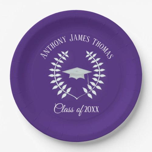 Purple Grad Cap and Leaves Paper Plates 9