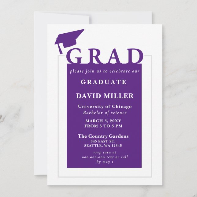 Purple Grad Modern Minimalist Graduation Invitation (Front)