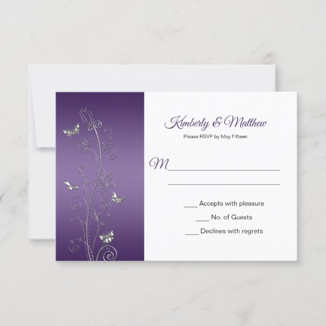 Purple Gradient and Silver Butterflies Swirls RSVP Invitation (Front)