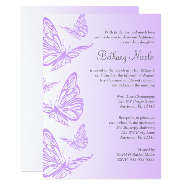 Purple Gradient Butterfly Bat Mitzvah Invitations