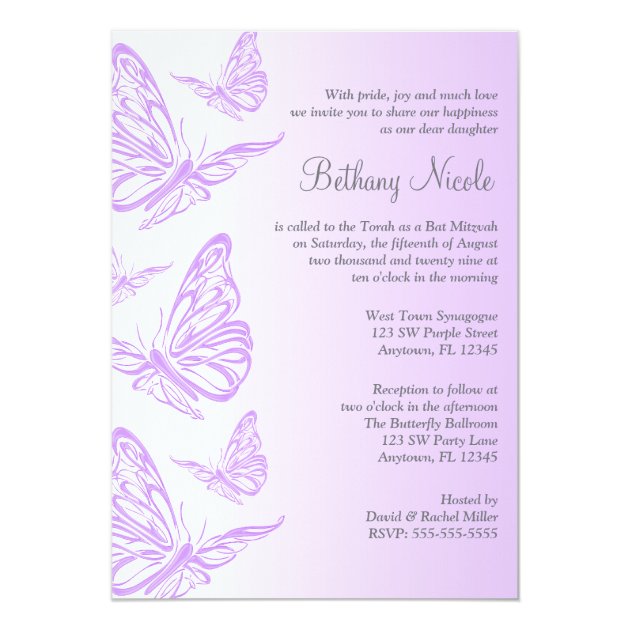 Purple Gradient Butterfly Bat Mitzvah Invitations