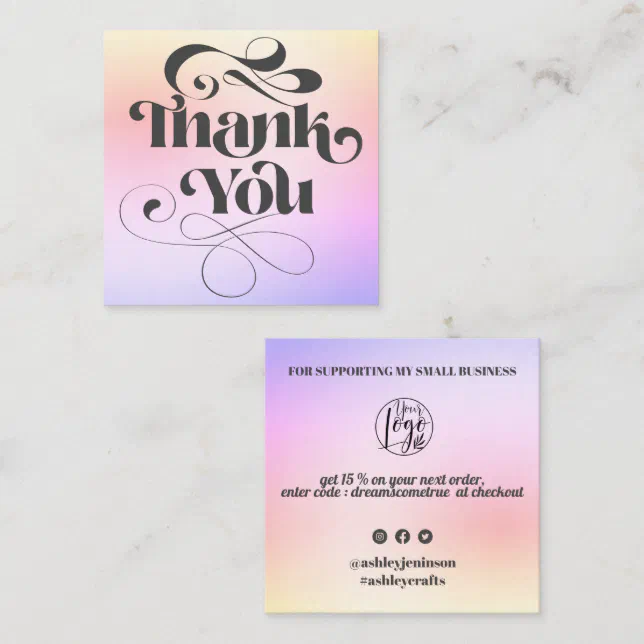 Purple gradient cool retro script order thank you square business card ...