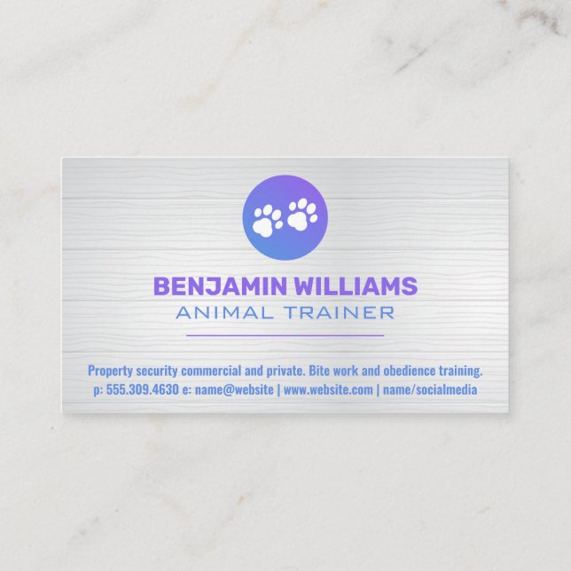 Purple Gradient Dog Paw Logo | Wooden Boards Business Card (Back)