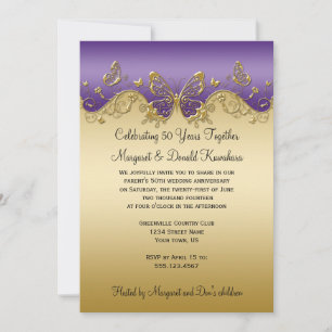 Purple Gradient Gold Butterflies 50th Anniversary Invitation