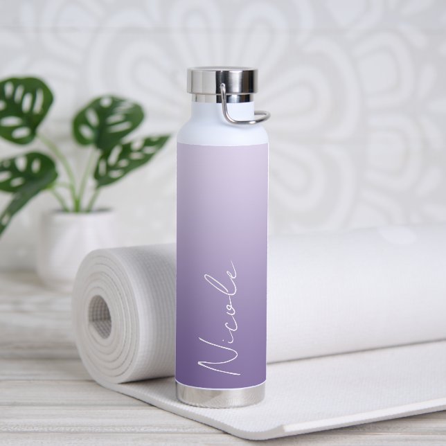 Purple Gradient Handwriting Script Personalized Water Bottle (Yoga)