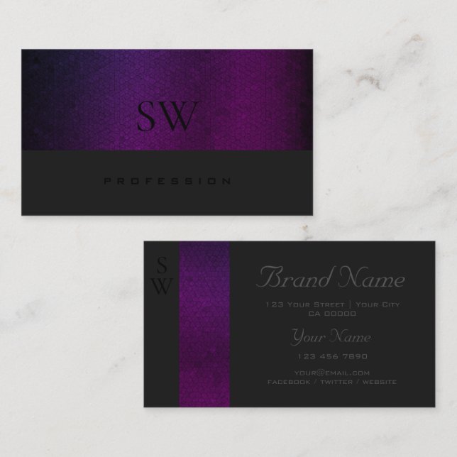Purple Gradient Pattern Dark Gray with Monogram Business Card (Front/Back)