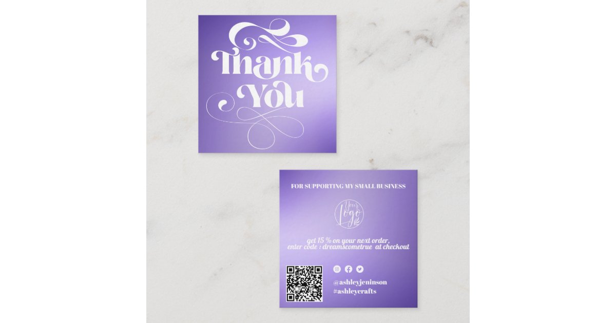 Purple gradient retro script order thank you square business card | Zazzle