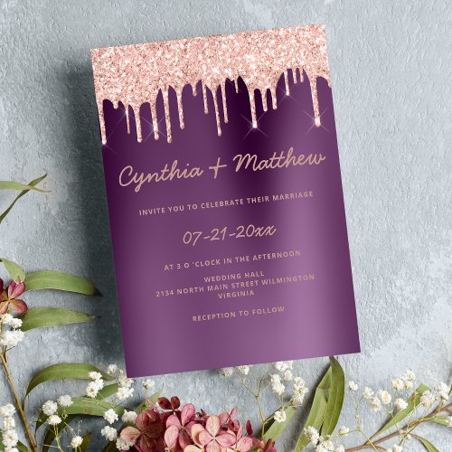 Purple gradient rose gold glitter drips wedding invitation