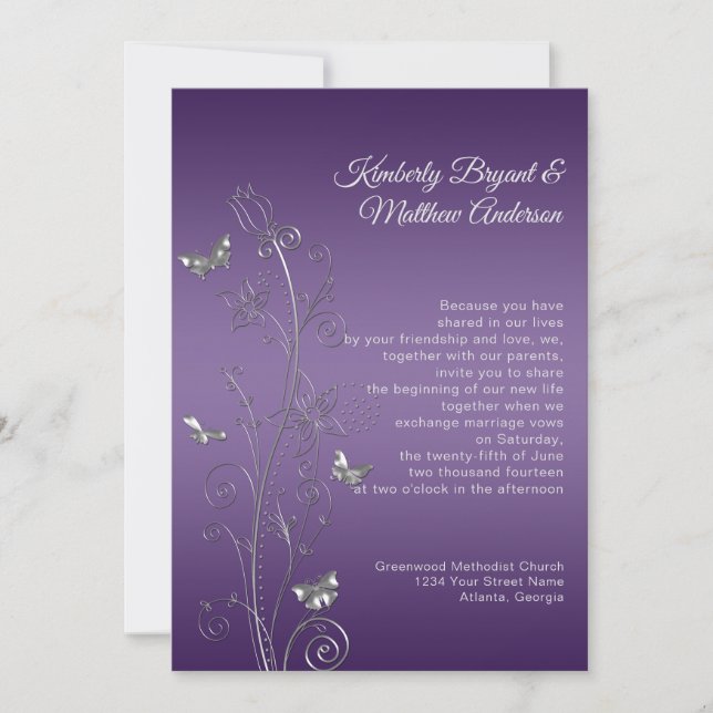 Purple Gradient Silver Ornate Butterflies Wedding Invitation (Front)