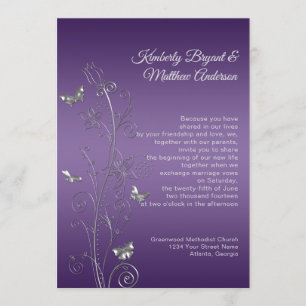Purple Gradient Silver Ornate Butterflies Wedding Invitation