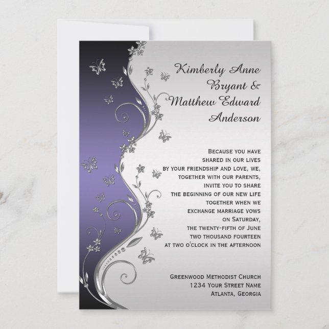 Purple Gradient Silver Ornate Butterflies Wedding Invitation (Front)