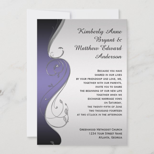 Purple Gradient Silver Ornate Swirls Wedding Invitation (Front)