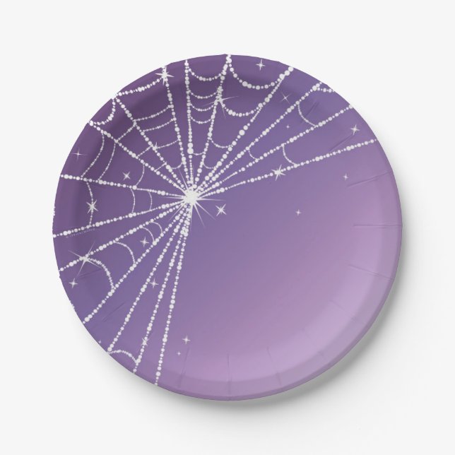 Purple Gradient Sparkling Diamond Spider Web Paper Plates (Front)