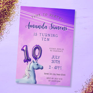 Purple Gradient Unicorn Balloon Girl 10th Birthday Invitation