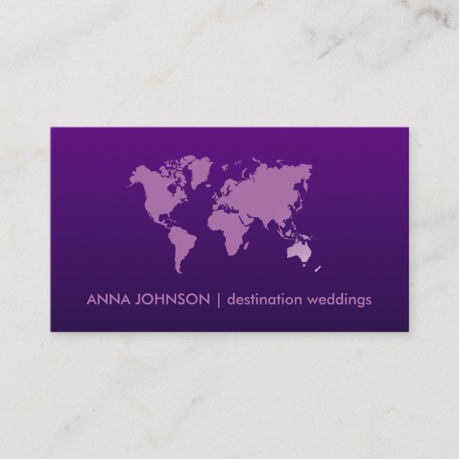 Purple Gradient World Map Travel Agent Wedding Business Card (Front)