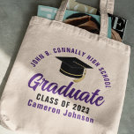 Purple Graduate Personalized 2023 Graduation Tote Bag<br><div class="desc">These modern purple and black custom senior graduate tote bag features your high school or college name for the class of 2023. Customize with your graduating year under the chic handwritten script and black grad cap for a great personalized graduation party favor gift.</div>