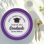 Purple Graduate Personalized 2026 Graduation Party Paper Plates<br><div class="desc">These modern purple and white custom graduation party plates feature classy typography of your university or college name for the class of 2026. Customize with your graduating year next to the chic handwritten script and black grad cap for great personalized congratulations graduate party decor.</div>