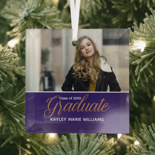 Purple Graduate Photo Chic Graduation Christmas Glass Ornament