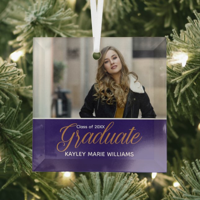 Purple Graduate Photo Chic Graduation Christmas Glass Ornament (Insitu)