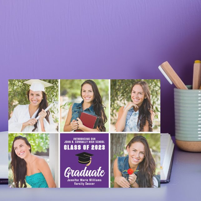 Purple Graduate Photo Collage Custom Graduation Announcement (Creator Uploaded)