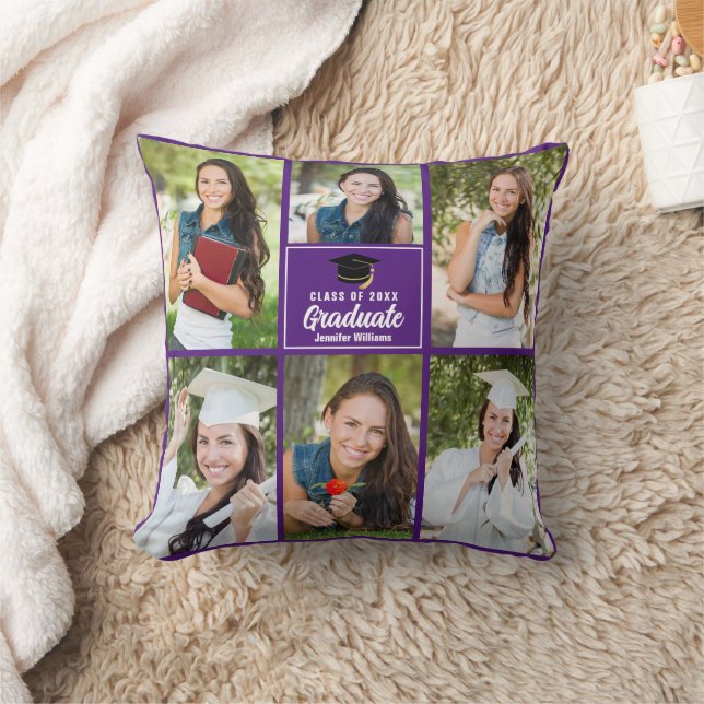 Purple Graduate Photo Collage Custom Graduation Throw Pillow (Blanket)